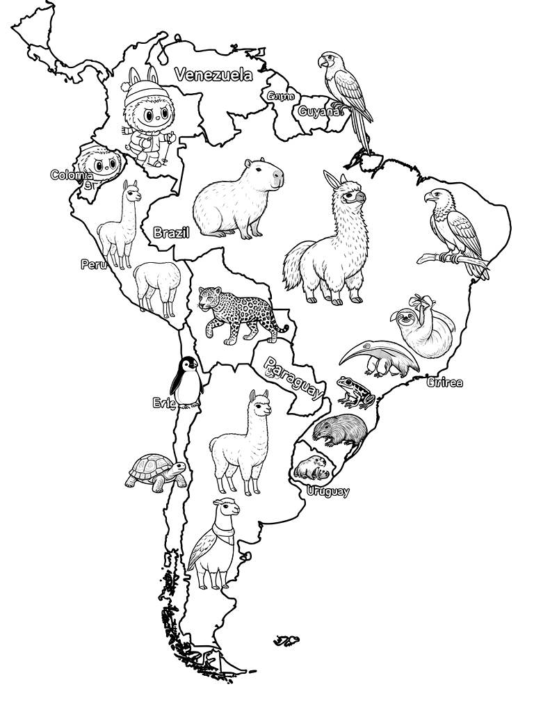 Map Of South America With Country Borders And Representative Animals Coloring Page