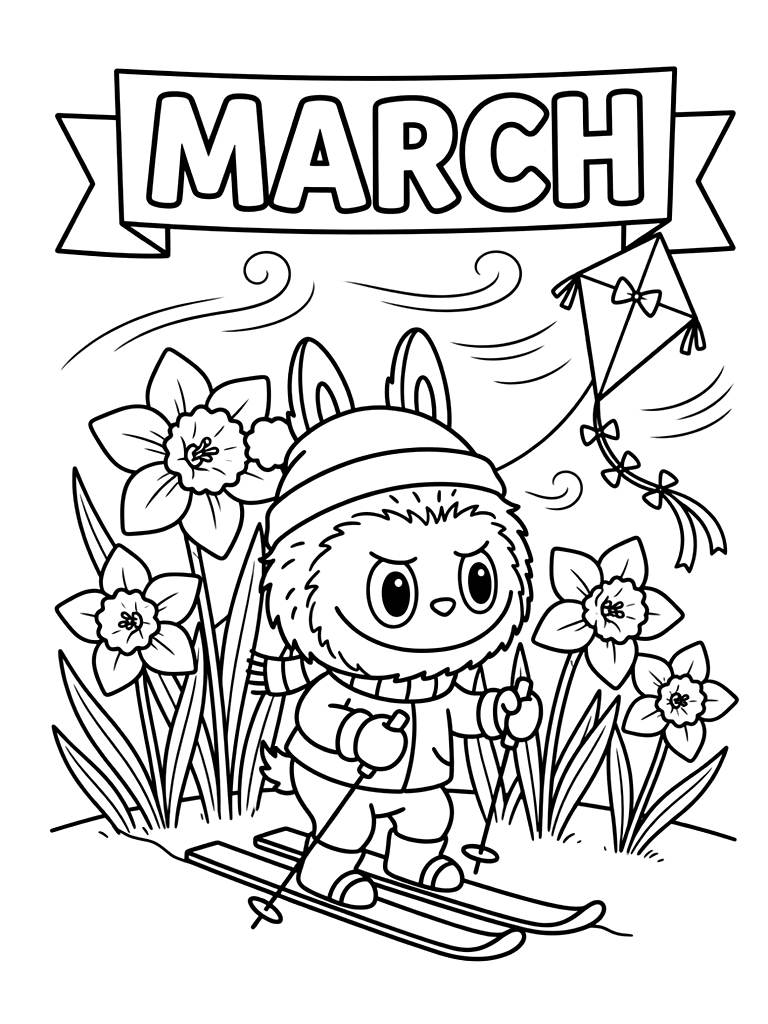 March Banner With A Group Of Cheerful Daffodils And A Kite Flying In A Windy Blue Sky Coloring Page