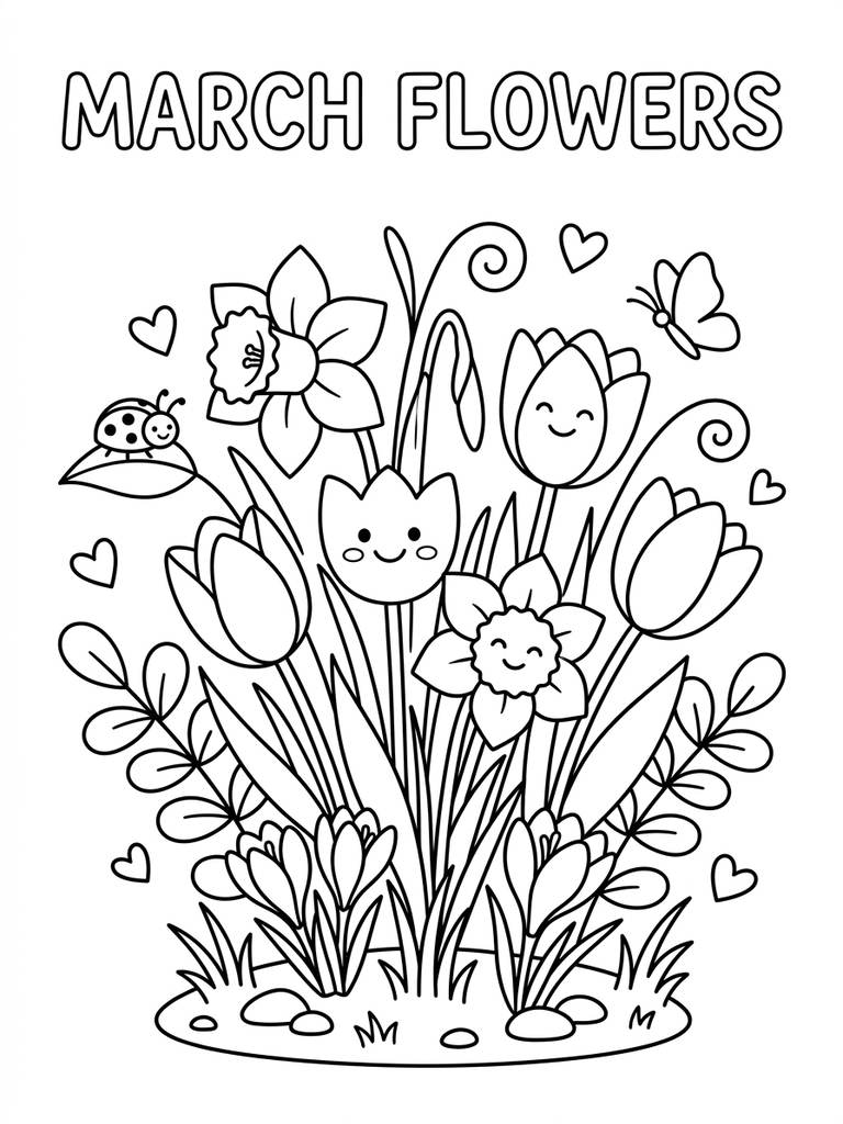 March Flowers Coloring Page