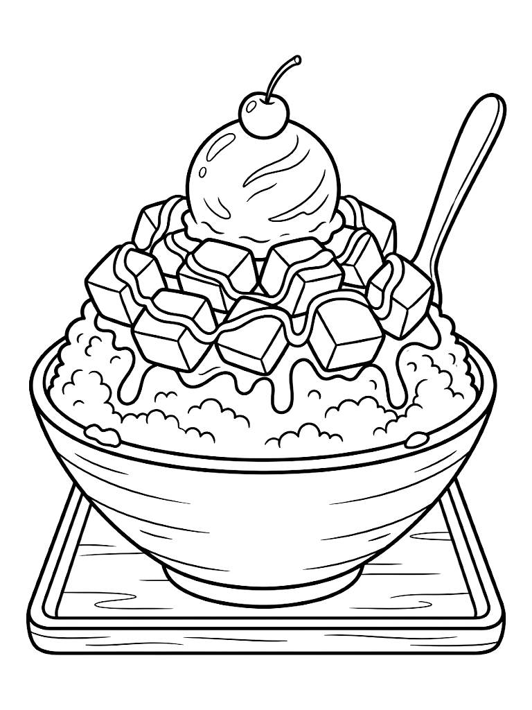 Massive Bowl Of Korean Bingsu Shaved Ice Topped With Fresh Mango Cubes Condensed Milk Drizzle And A Scoop Of Vanilla Ice Cream Coloring Page