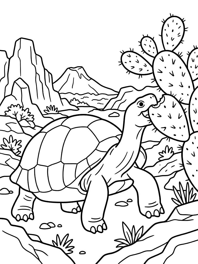 Massive Galapagos Tortoise Slowly Eating A Giant Green Prickly Pear Cactus Pad In A Rocky Volcanic Island Landscape Coloring Page