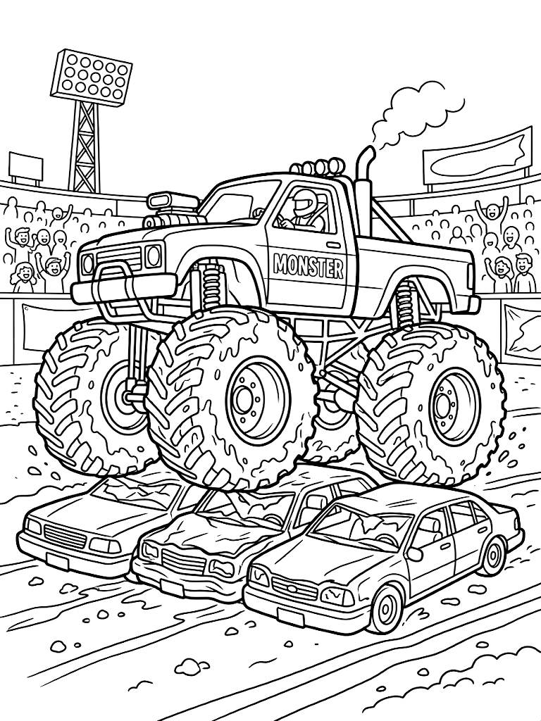 Massive Monster Truck With Giant Mud-Splattered Tires Crushing A Row Of Scrap Cars In A Packed Dirt Stadium Coloring Page