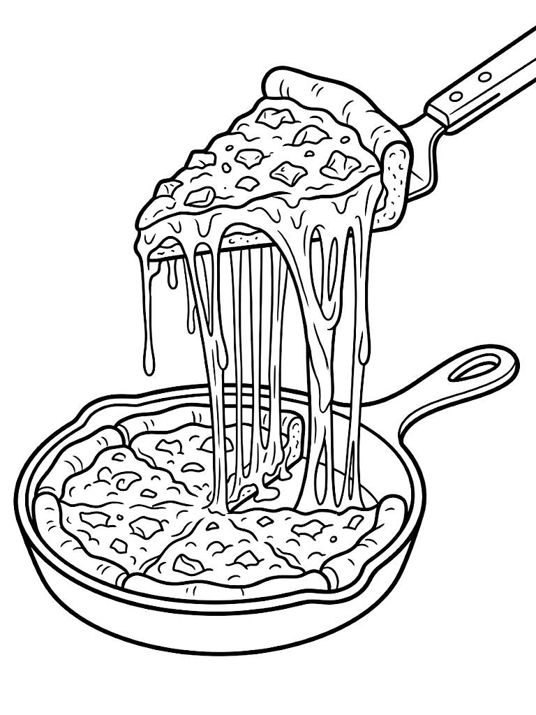 Massive Slice Of Chicago Deep-Dish Pizza Being Lifted From A Cast-Iron Pan Showing An Incredible Dripping Cheese Pull Coloring Page