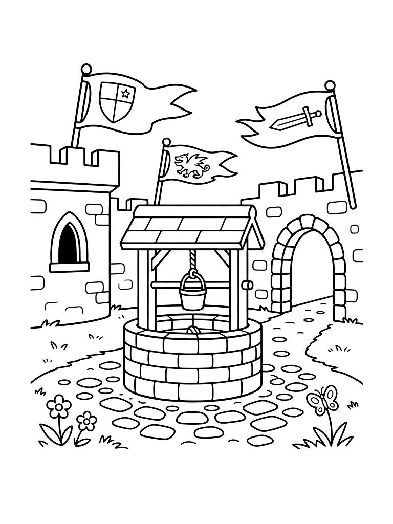 Medieval Castle Courtyard With A Stone Well And Knights' Banners Flying In The Spring Breeze Coloring Page