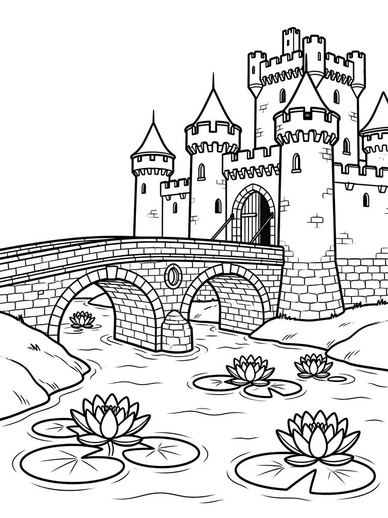 Medieval Castle Moat With Floating Water Lilies And A Stone Bridge Coloring Page