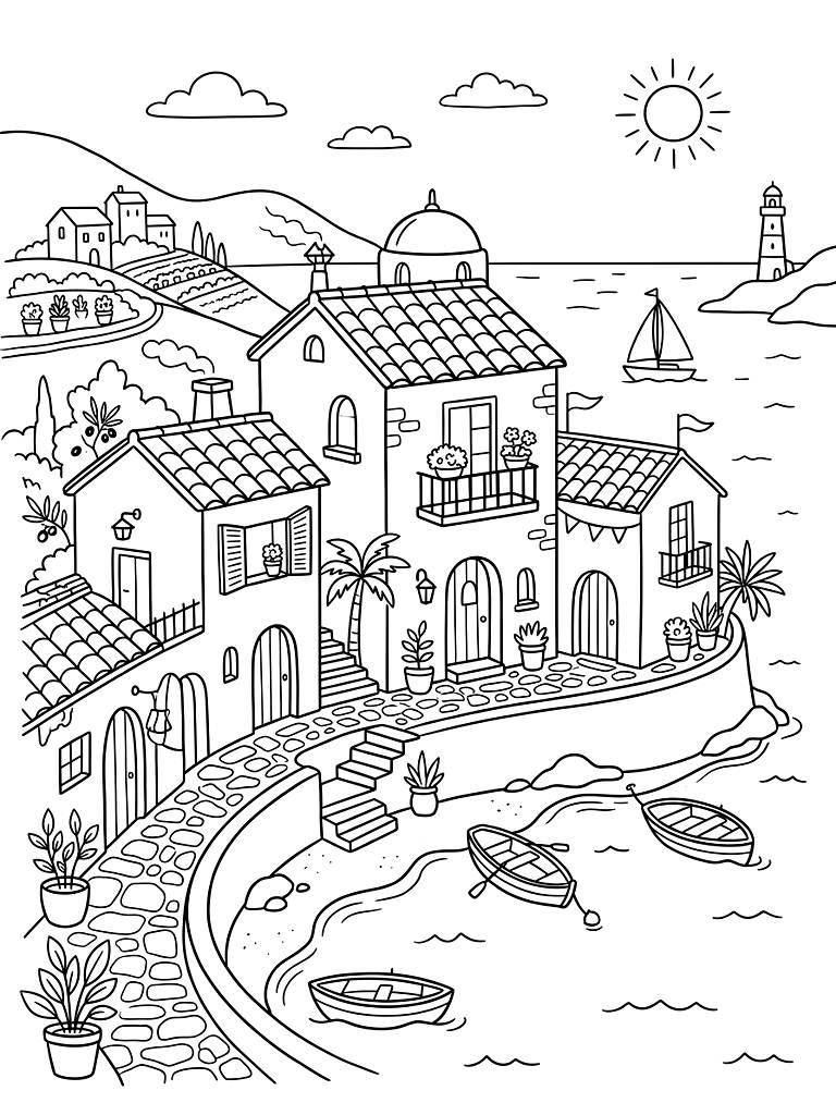 Mediterranean Coastal Architecture Coloring Page