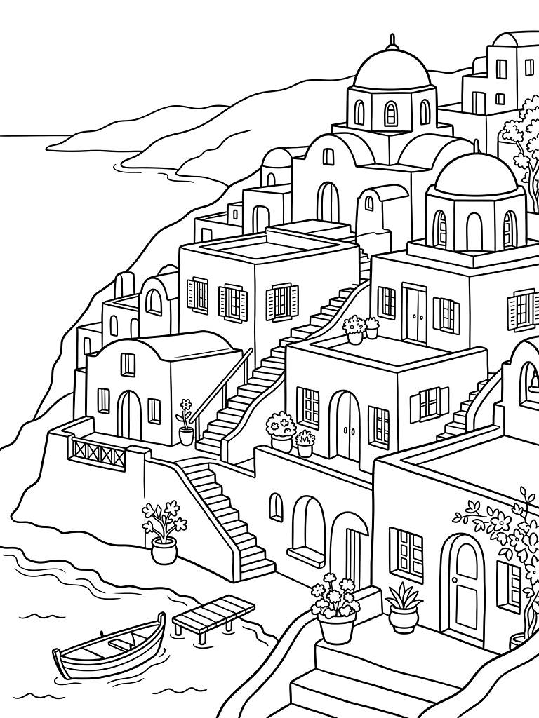 Mediterranean Coastal Architecture Coloring Page