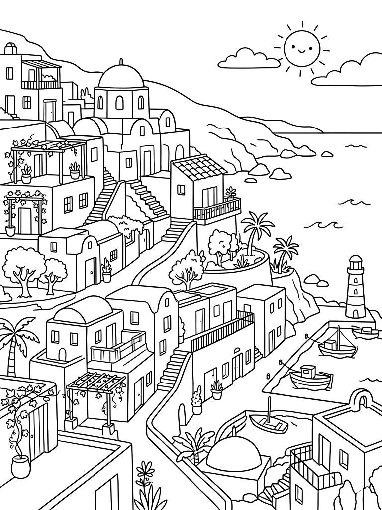 Mediterranean Coastal Architecture Coloring Page