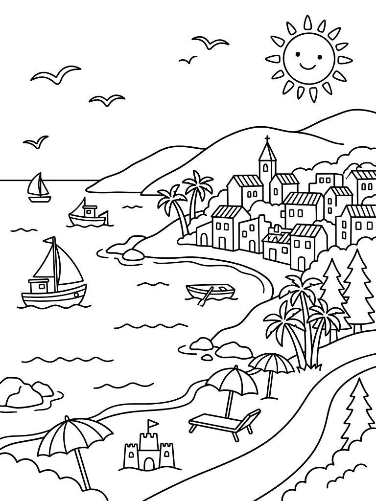Mediterranean Coastal Summer Scenery Coloring Page