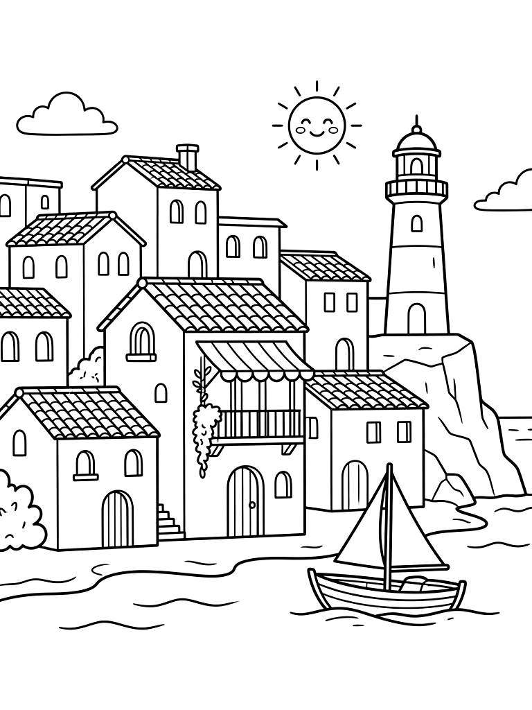 Mediterranean Summer Coastal Village And Architecture Coloring Page