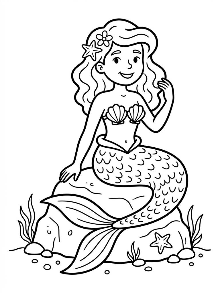 Mermaid On A Seashell Or Rock Pose / Classic Tail Close-Up Coloring Page