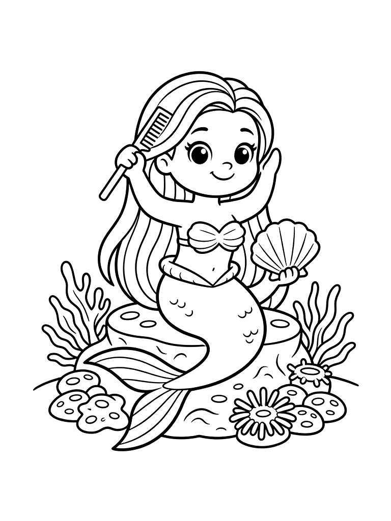 Mermaid Sitting On A Coral Reef Combing Her Long Hair With A Shell Coloring Page