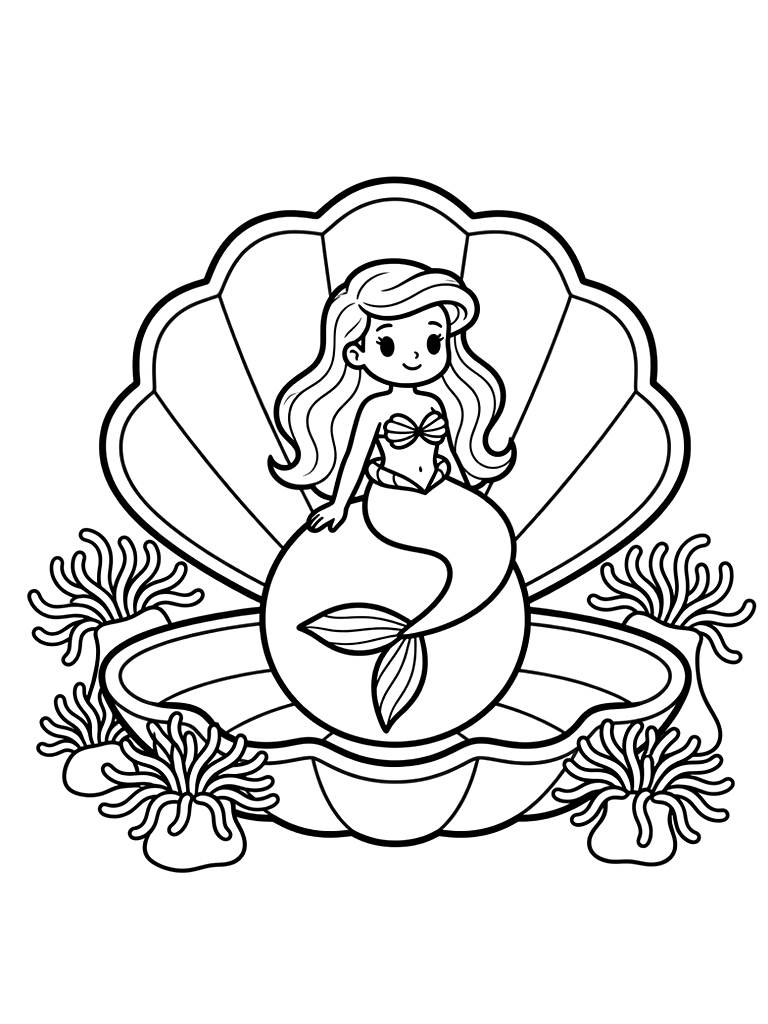 Mermaid Sitting On A Large Pearl Inside A Giant Open Clam Shell With Surrounding Sea Anemones Coloring Page