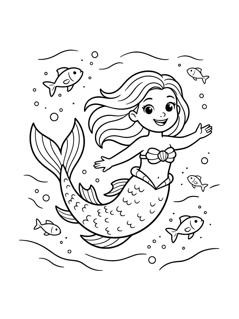 Mermaid With A Bioluminescent Tail Swimming In The Dark Deep Sea With Glowing Fish Coloring Page