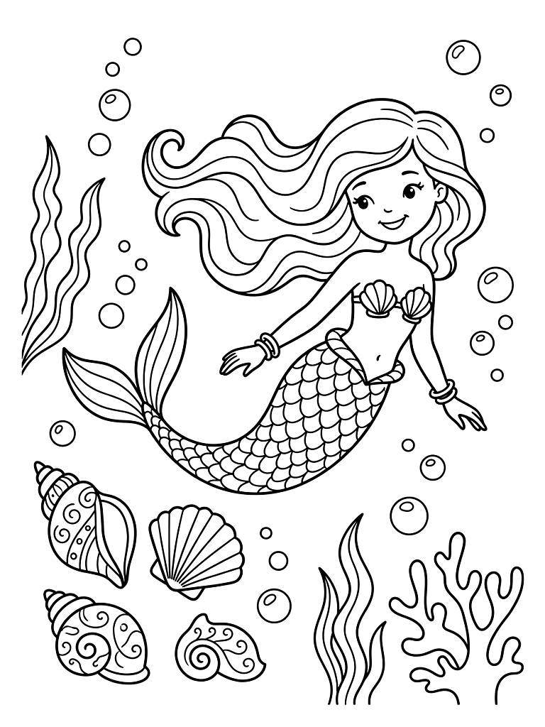 Mermaids Underwater And Enchanted Seashells Coloring Page
