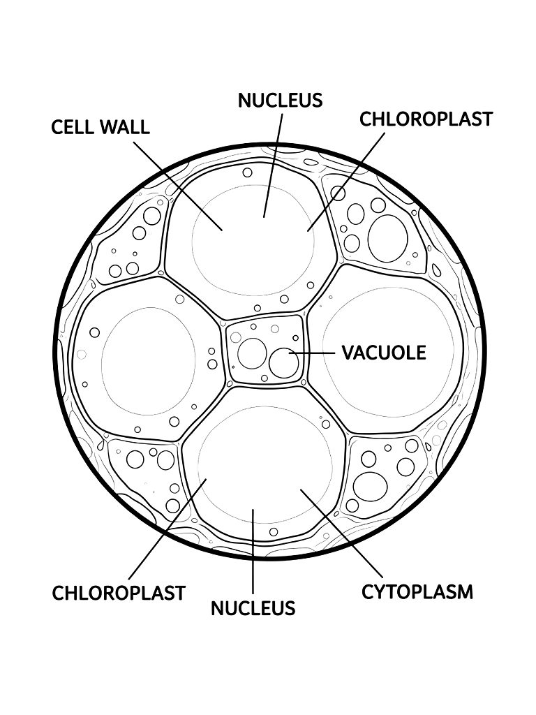 Microscope View Of Plant Cells With Clearly Labeled Parts Coloring Page