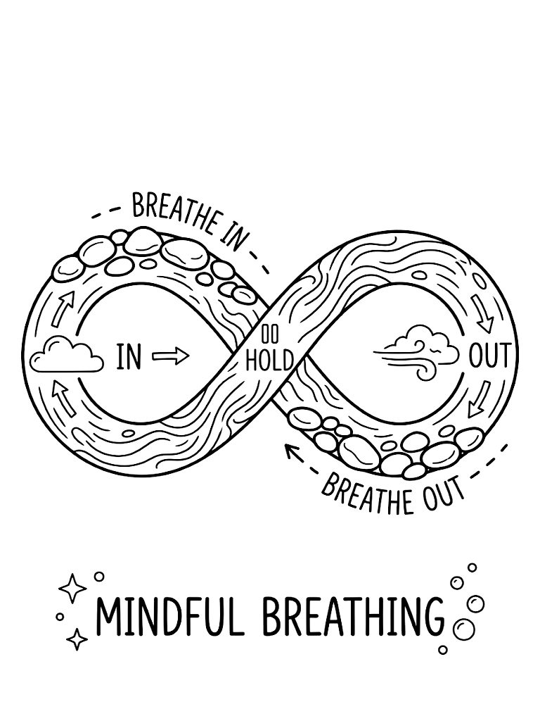 Mindful Breathing Guide Featuring An Infinity Symbol Pathway Made Of Flowing Water And Smooth River Stones With Tracing Prompts Coloring Page