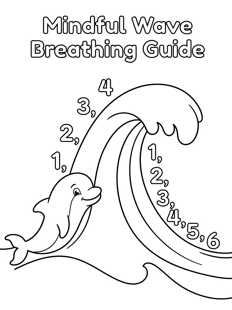 Mindful Breathing Guide Illustrating A Rhythmic Ocean Wave Curving Upwards For Inhale And Crashing Softly For Exhale With Counting Prompts Coloring Page