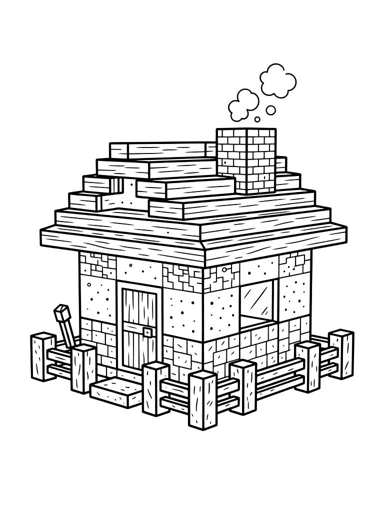 Minecraft House Building Coloring Page