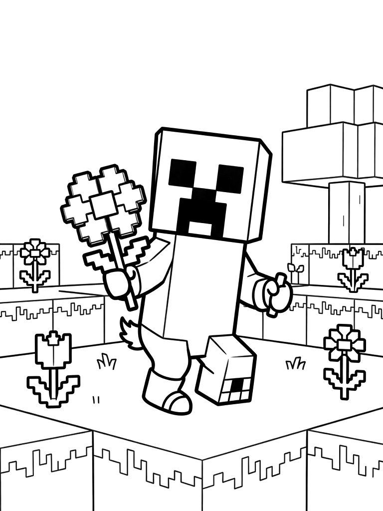Minecraft Movie Creeper And Blocky Spring Landscape Coloring Page