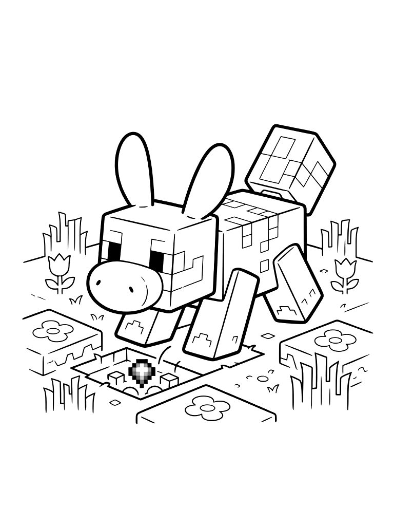 Minecraft Sniffer Creature Digging For Ancient Seeds In A Blocky Meadow Coloring Page
