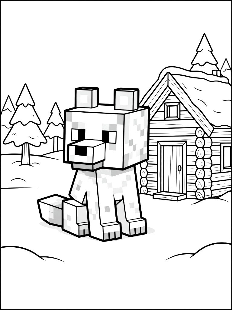 Minecraft Wolf Sitting Outside A Cozy Spruce Wood Cabin In A Snowy Taiga Coloring Page