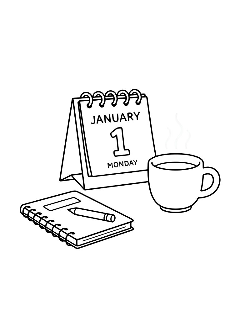Minimalist Desk Calendar Showing January 1st With A Steaming Cup Of Tea And A Notebook Coloring Page