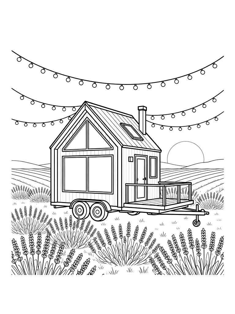 Minimalist Japandi Tiny Home On Wheels Parked Next To A Blooming Lavender Field Under A Soft Spring Sunset With Outdoor String Lights Coloring Page