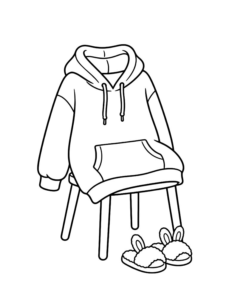 Minimalist Line Art Illustration Of A Cozy Oversized Hoodie Draped Over A Chair With Slippers Coloring Page