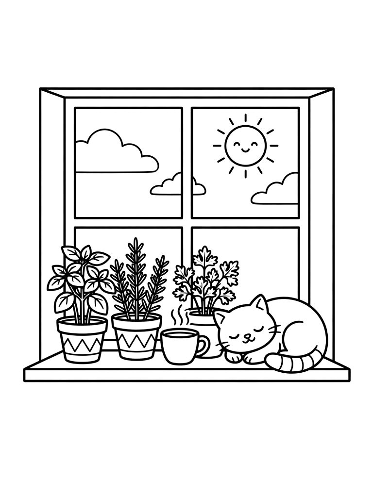 Minimalist Line Art Illustration Of A Cozy Window Sill Filled With Potted Herbs Coloring Page