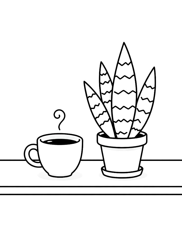 Minimalist Line Art Scene Of A Cup Of Coffee Next To A Potted Snake Plant On A Clean White Desk Coloring Page
