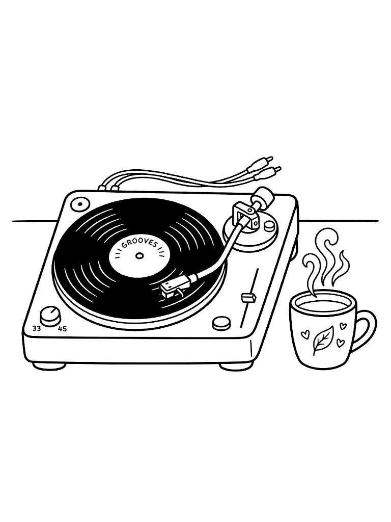 Minimalist Line Art Scene Of A Vintage Turntable Spinning A Vinyl Record Next To A Steaming Mug Of Tea Coloring Page