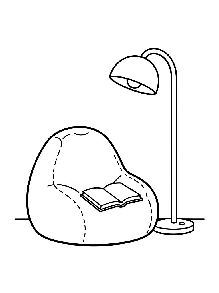 Minimalist Reading Nook With A Single Bean Bag Chair And A Modern Floor Lamp Coloring Page