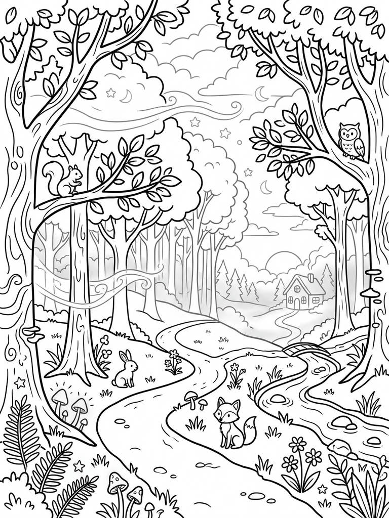 Misty Foggy Enchanted Forest At Dawn / Dusk Coloring Page