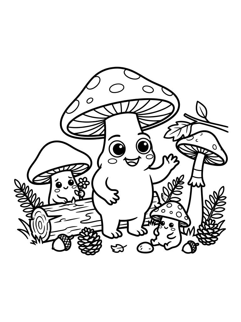 Mixed Forest Mushroom Scene Coloring Page