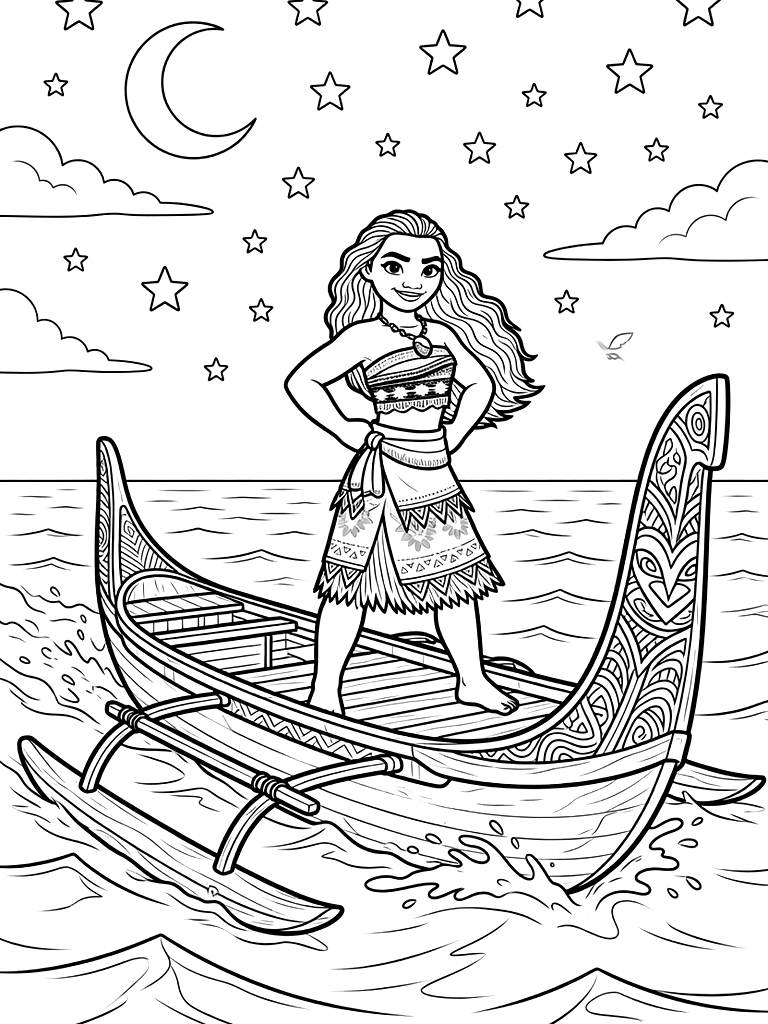 Moana Standing Confidently On The Deck Of A Massive Traditional Polynesian Outrigger Canoe Navigating Through A Starry Night Ocean Coloring Page
