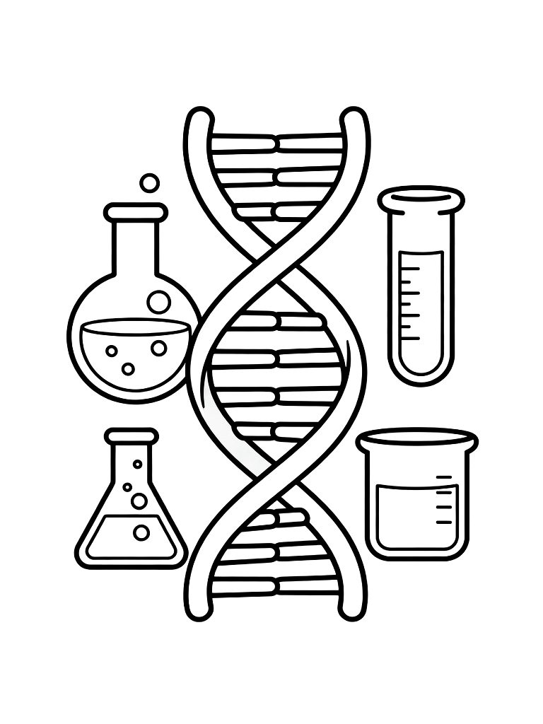 Model Of The DNA Double Helix Surrounded By Various Scientific Lab Beakers Coloring Page