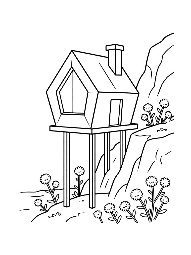 Modern Geometric Tiny House On Stilts In A Coastal Cliff Setting With Blooming Sea Thrift Coloring Page