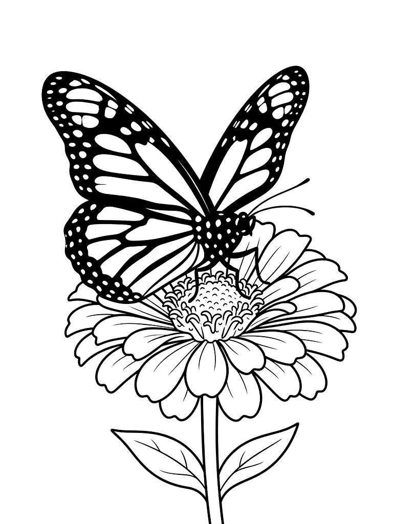 Monarch Butterfly Resting On A Purple Zinnia Flower In The Sun Coloring Page