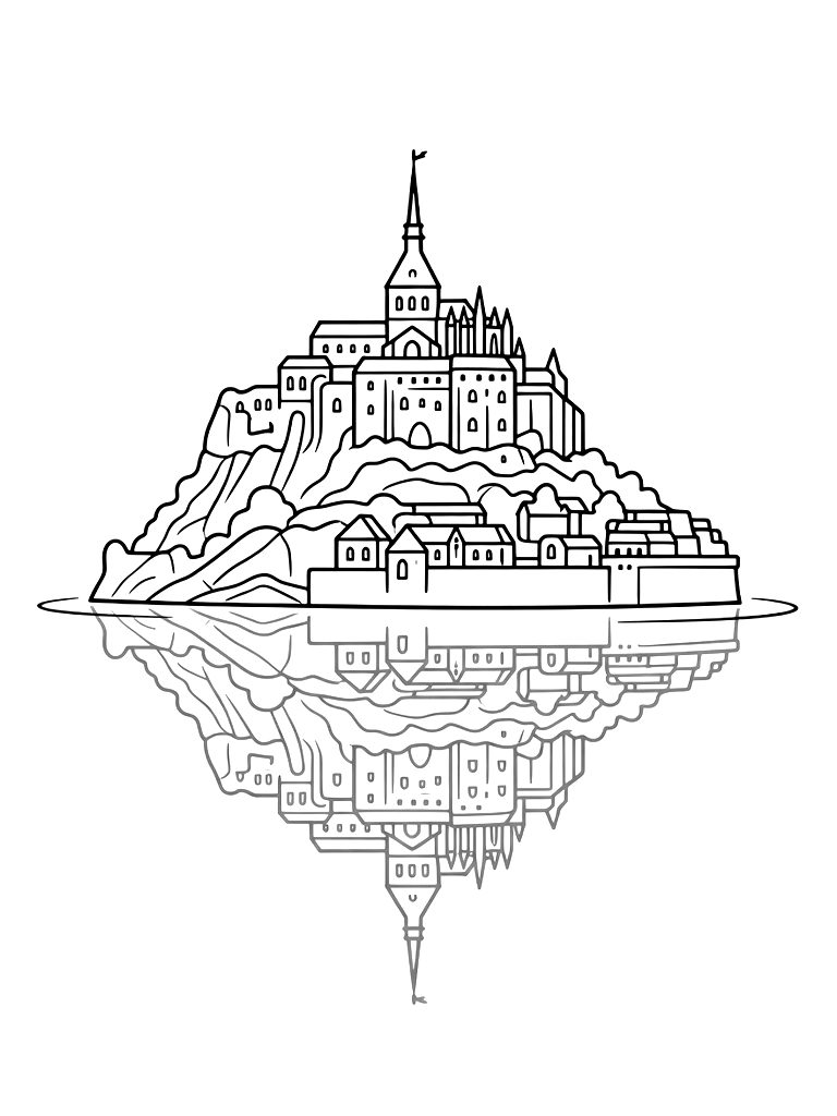 Mont Saint-Michel At High Tide With The Castle Reflected In The Surrounding Water Coloring Page