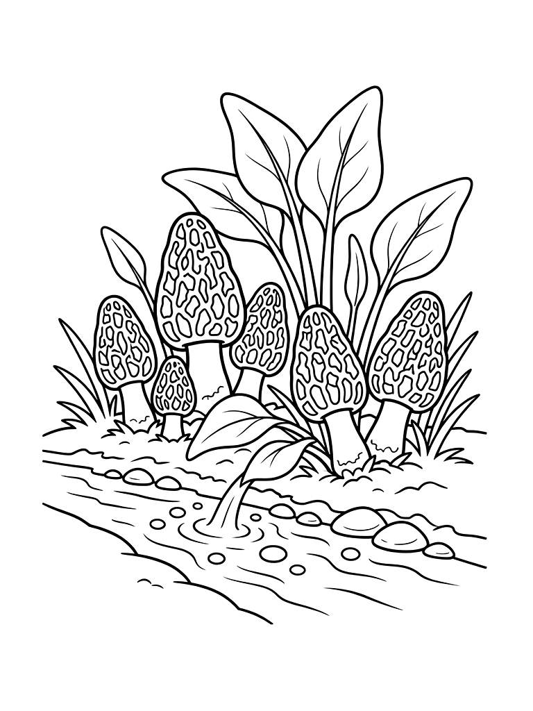 Morels And Ramps Growing Near A Bubbling Spring Brook Coloring Page