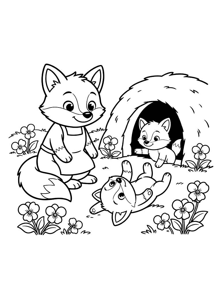 Mother Fox And Kits Playing Outside A Den Surrounded By Violets Coloring Page