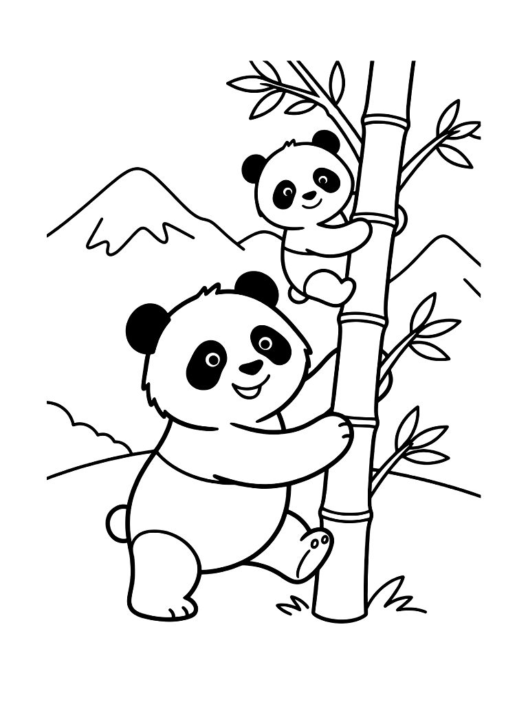 Mother Giant Panda And Her Cub Climbing A Bamboo Tree In The Mountains Coloring Page