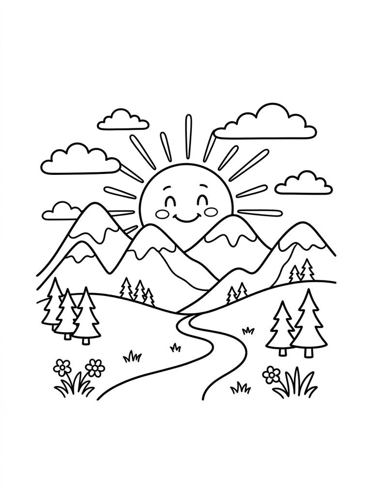 Mountain Sunset / Sunrise Over Peaks Coloring Page