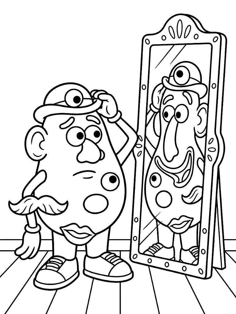 Mr Potato Head Looking Hilariously Confused With His Facial Features Completely Mixed Up Standing In Front Of A Carnival Mirror Coloring Page