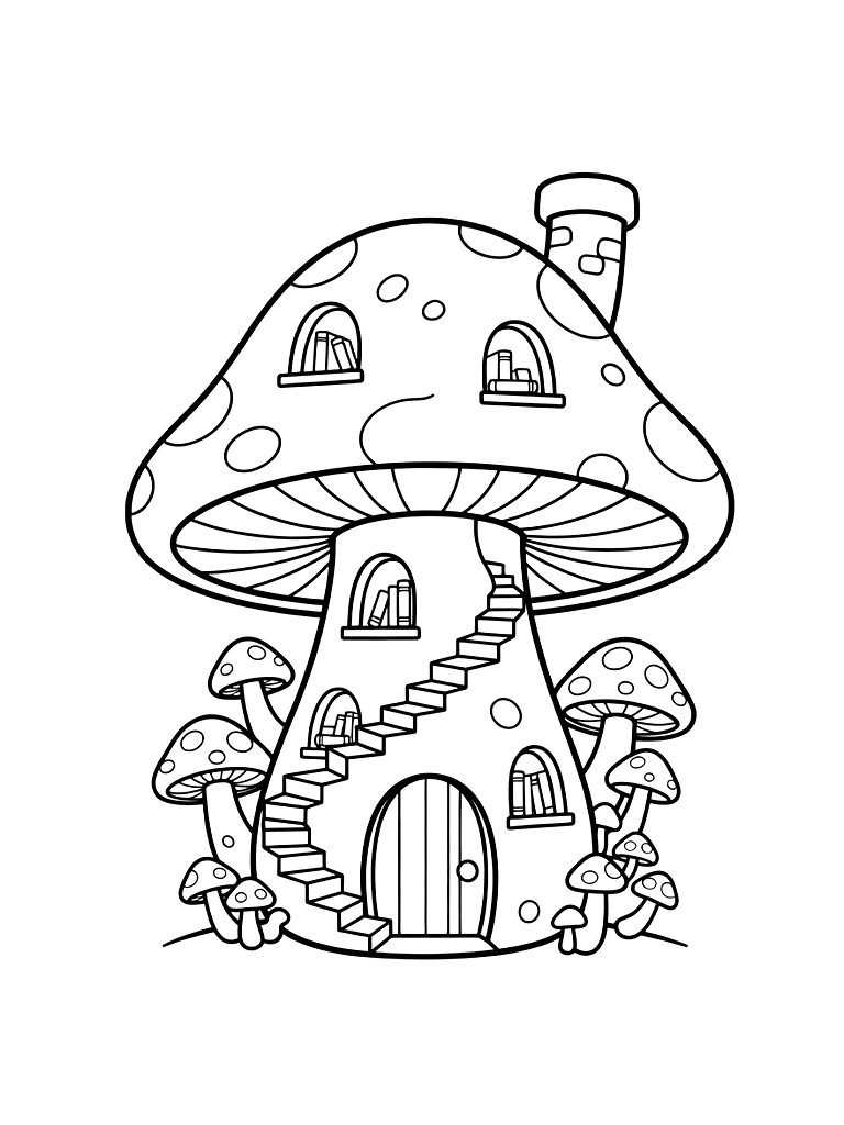 Multi-story Mushroom House With Tiny Arched Windows Filled With Books And A Spiral Staircase Made Of Smaller Fungi Coloring Page