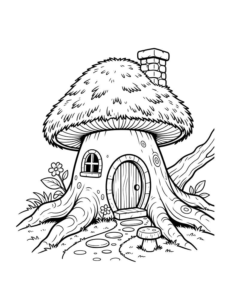 Mushroom Cottage Built Into A Giant Tree Root With A Mossy Thatched Roof And A Tiny Stone Chimney Coloring Page