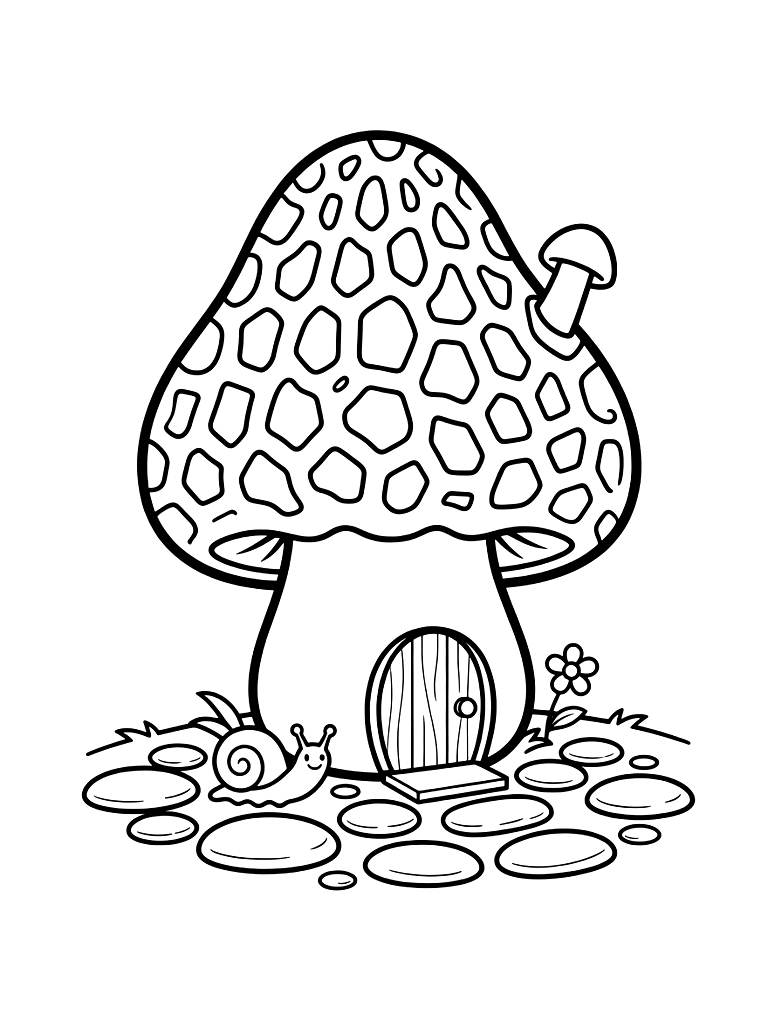 Mushroom House Shaped Like A Morel With A Tiny Round Door And A Patio Made Of Flat River Stones Coloring Page