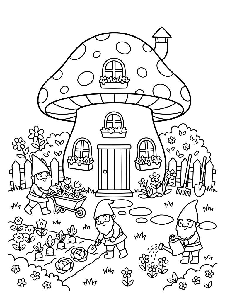 Mushroom House With Cute Gardening Gnomes Coloring Page