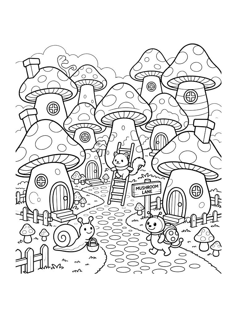 Mushroom Village Street Coloring Page